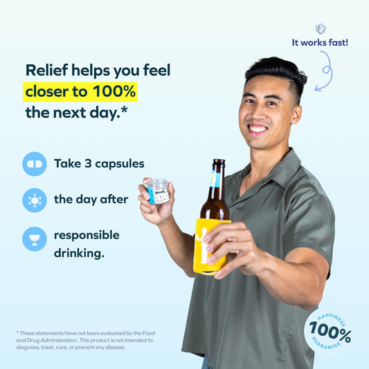 Cheers Relief capsules close-up highlight ginger and willow bark ingredients for natural balance.