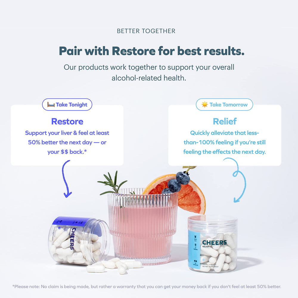 Cheers Relief label close-up emphasizes transparent ingredients and no proprietary blends.