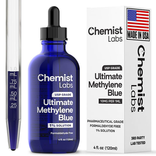 Chemist Labs Methylene Blue bottle closeup shows pure quality and clarity.