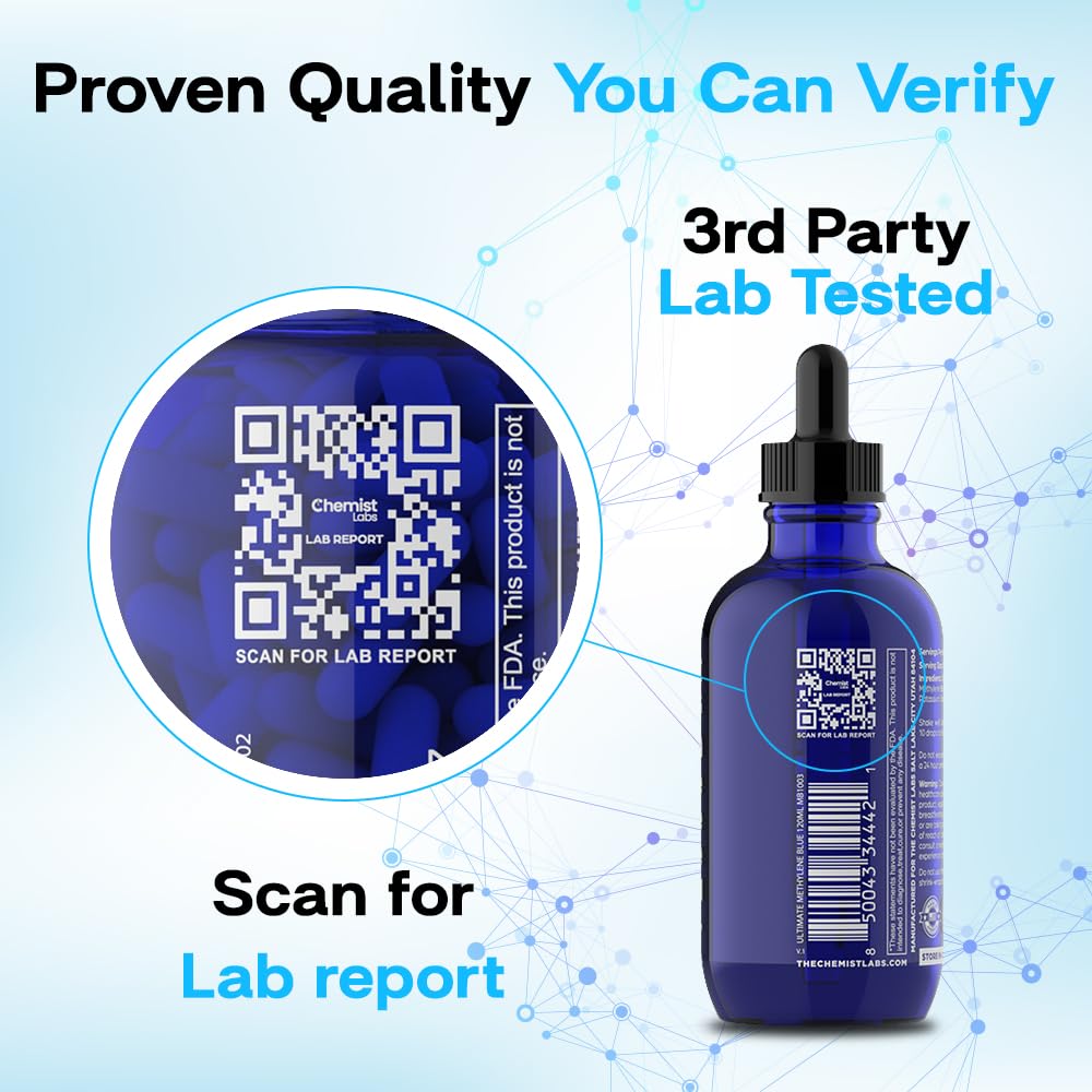 Chemist Labs methylene blue dropper closeup emphasizes calibrated dosing capability.