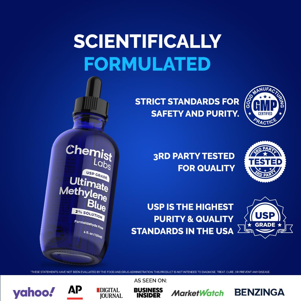 Chemist Labs methylene blue-liquid pour demonstrates a clear, measured serving for daily use.