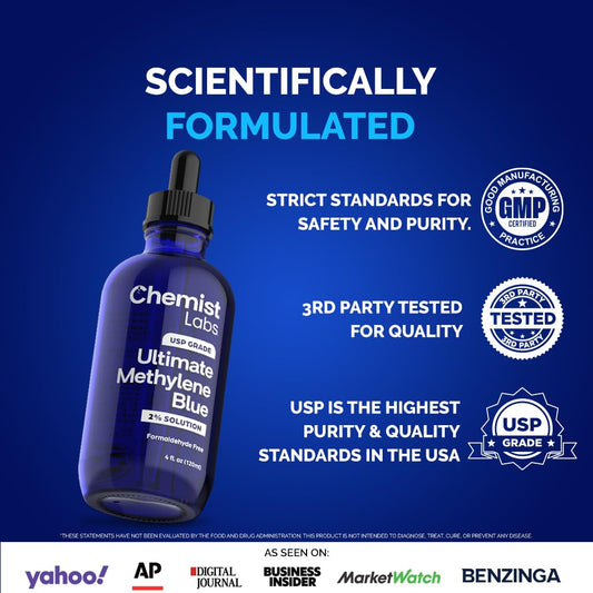 Chemist Labs methylene blue-liquid pour demonstrates a clear, measured serving for daily use.