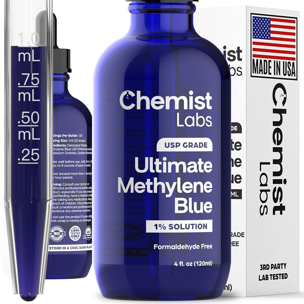 Chemist Labs Methylene Blue hand measuring drops for accurate servings.