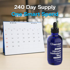 Chemist Labs methylene blue US-made bottle sits on clean counter for easy access.