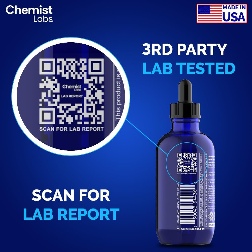 Chemist Labs Methylene Blue USP-grade label signals high purity.