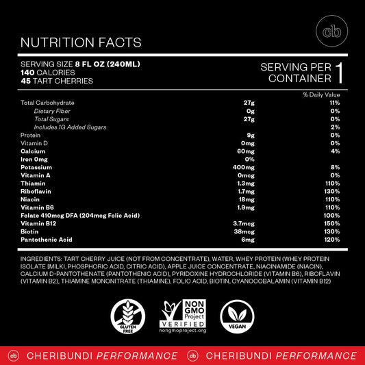 Cheribundi Protein Recovery Bottle highlights 9 g whey for muscle support.