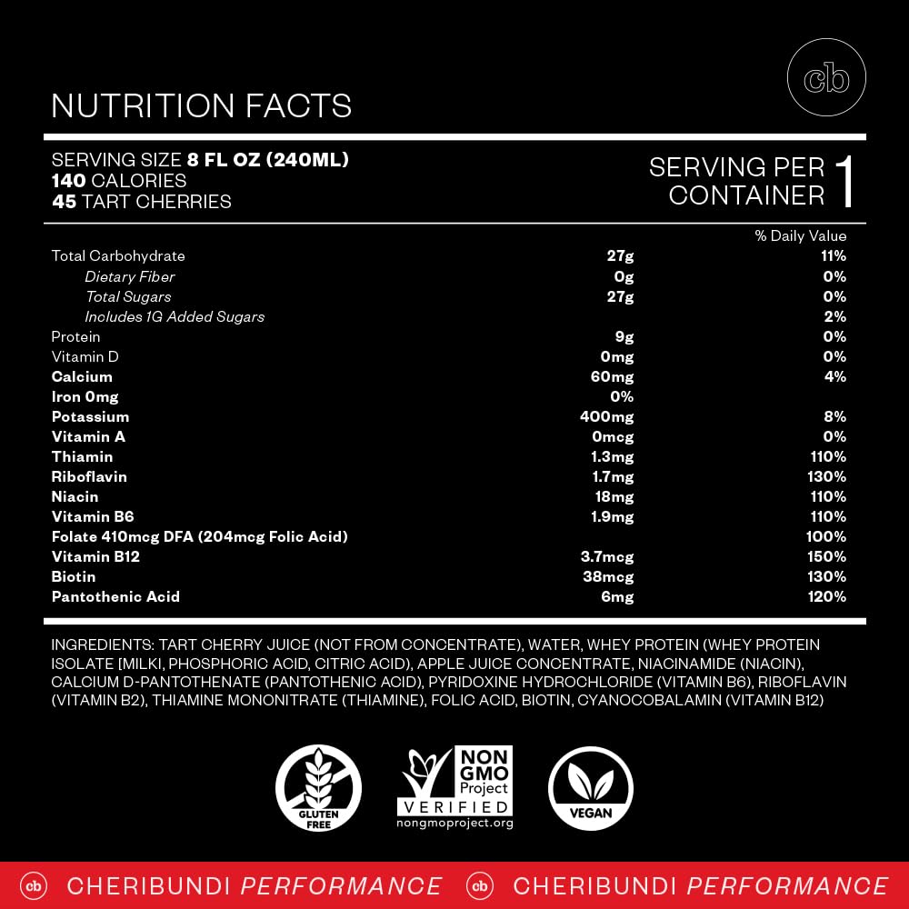 Cheribundi Protein Tart Cherry Juice label highlights whey protein for recovery.