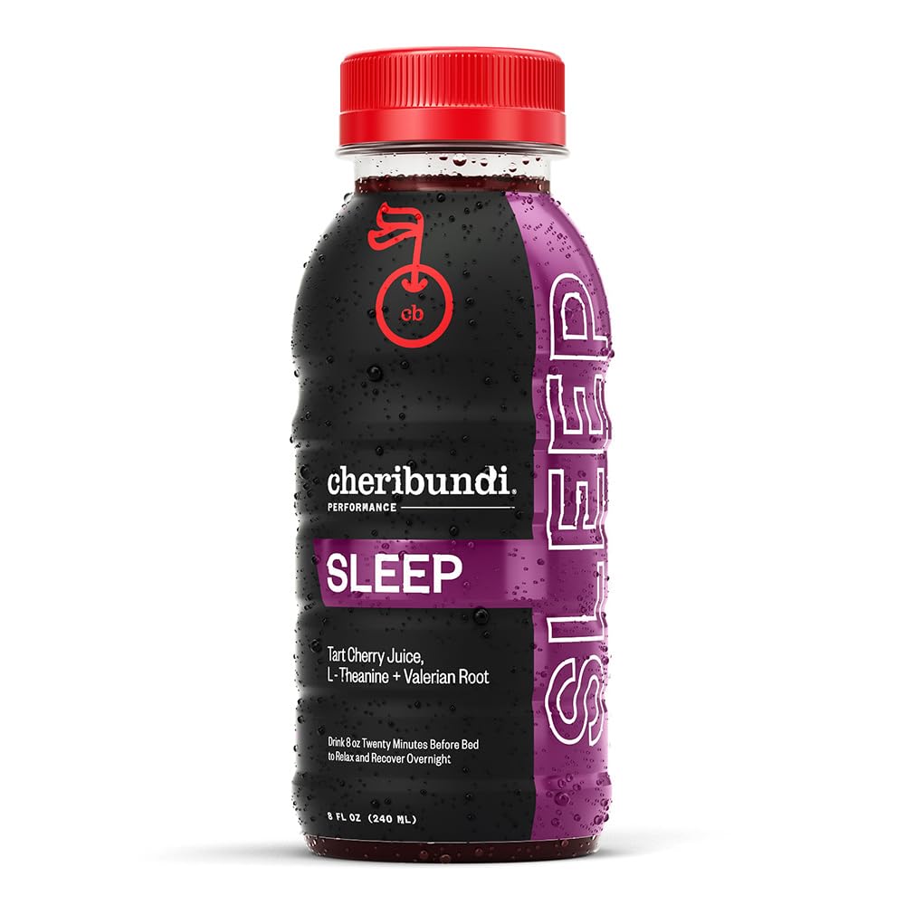 Cheribundi Tart Cherry Sleep bottle shows vibrant juice for nighttime recovery