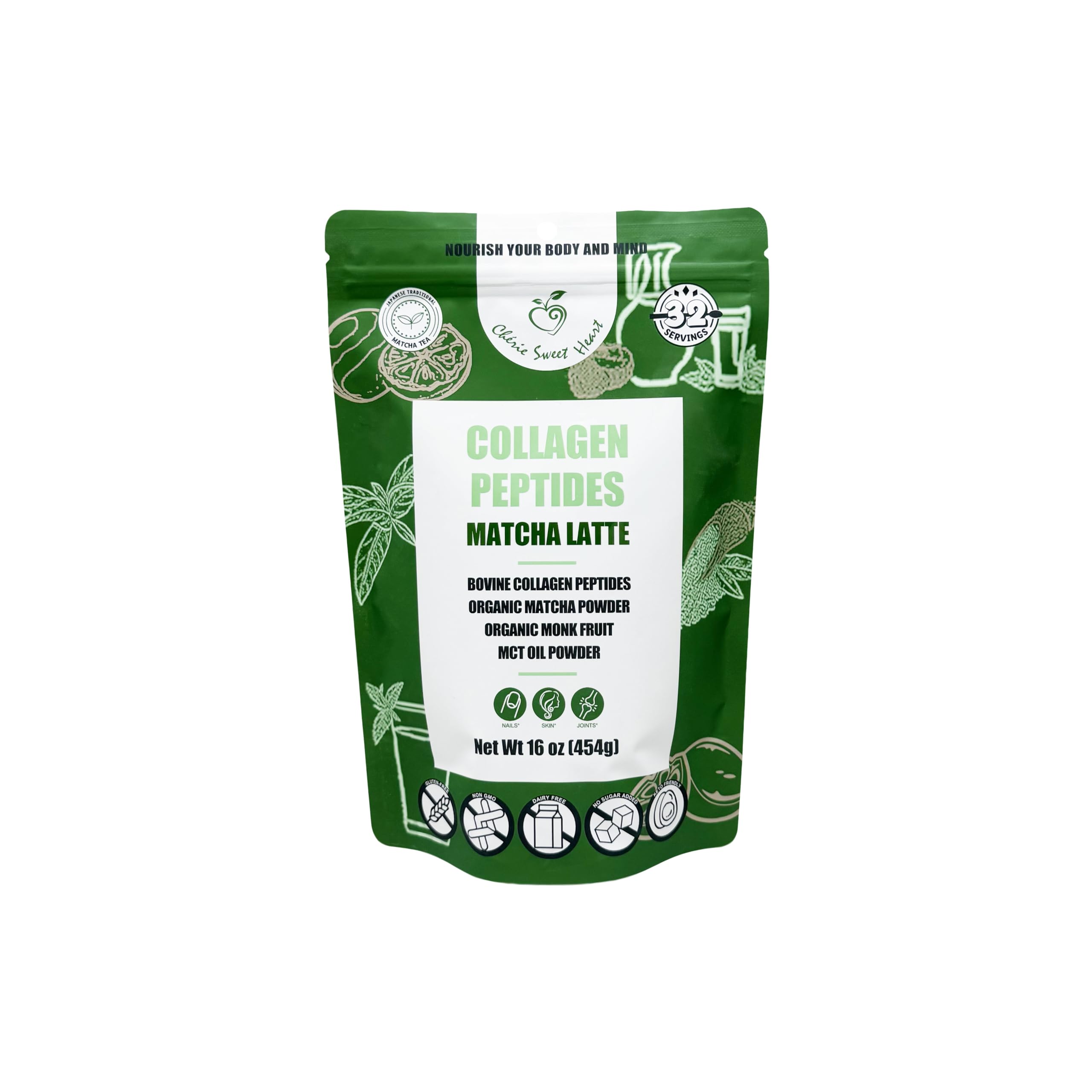 Chérie Sweet Heart collagen matcha latte canister showing premium ingredients for daily beauty and energy