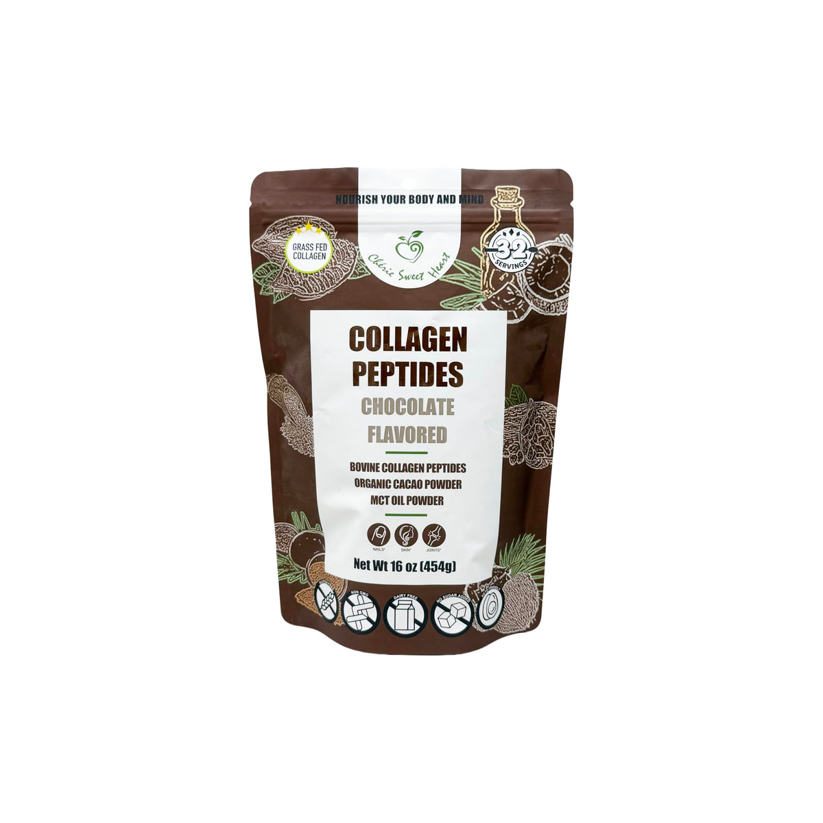 Cherie Sweet Heart collagen powder chocolate tub, smooth texture for easy daily mixing and vitality.