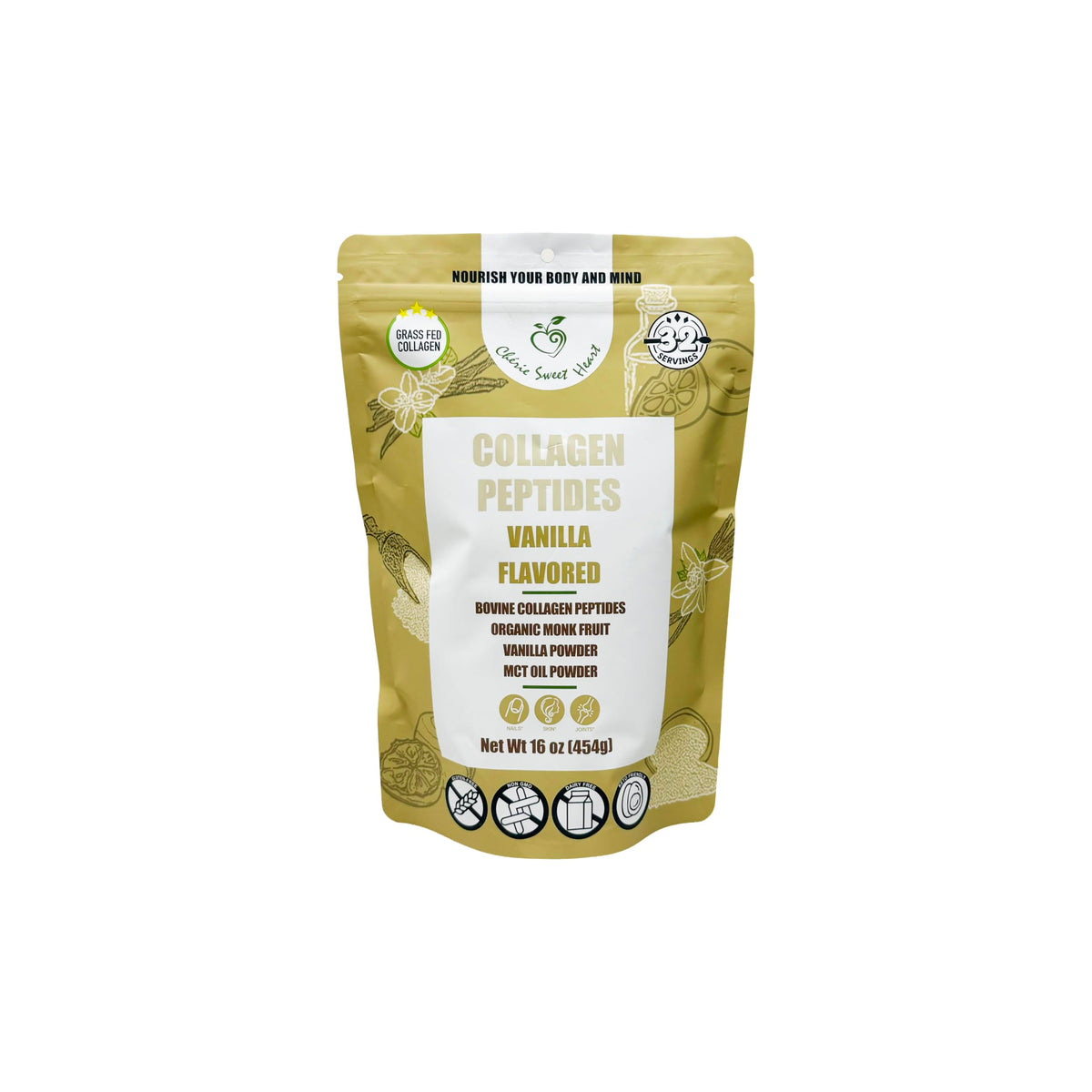 Cherie Sweet Heart collagen vanilla powder in a jar for daily beauty nutrition.
