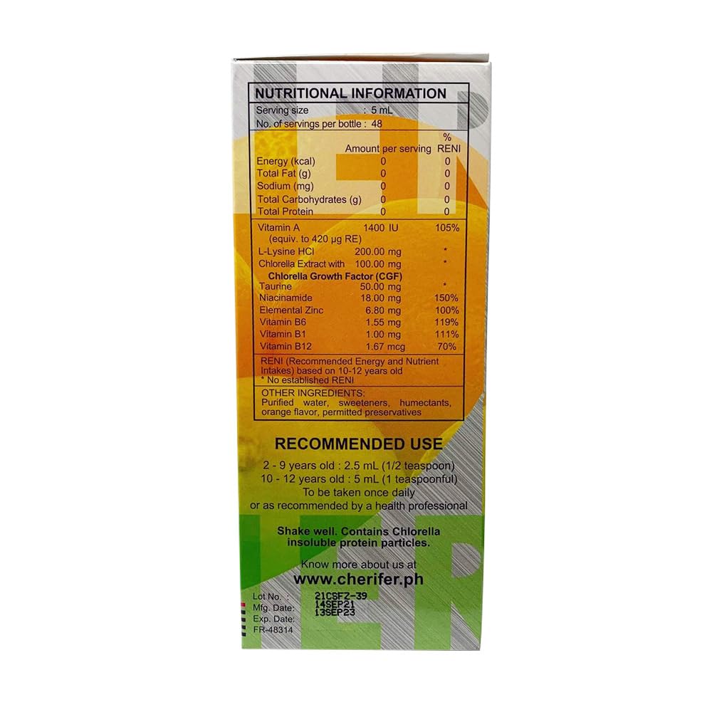 Cherifer Forte Syrup label highlights Double Chlorella Growth Factor.