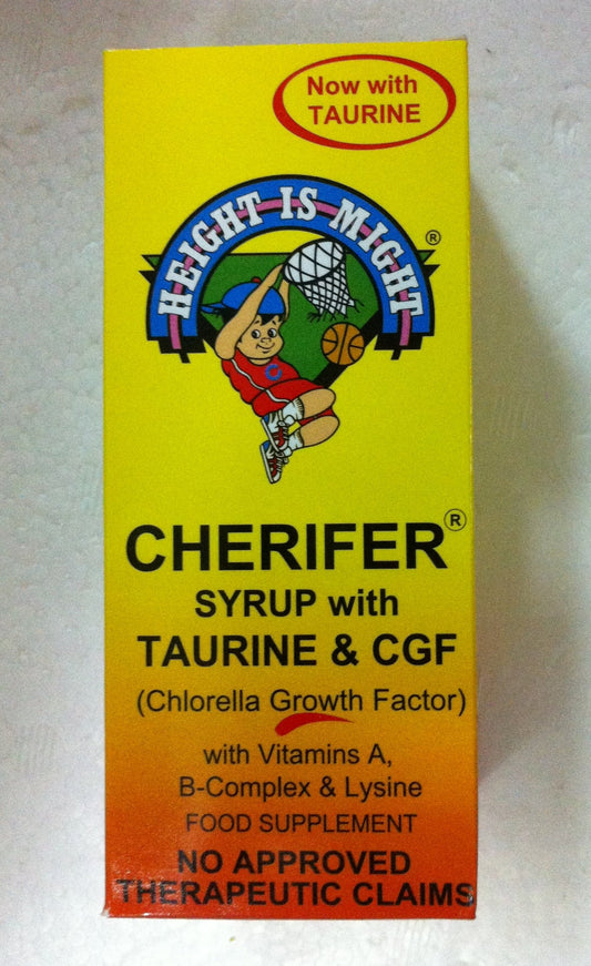 Cherifer Syrup bottle featuring chlorella growth factor for daily nutrition support in growing kids.