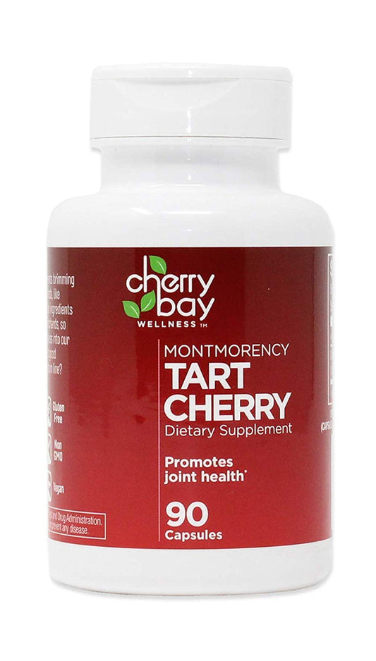 Cherry Bay Wellness Montmorency Tart Cherry bottle with capsules, supports joint health and daily well-being.