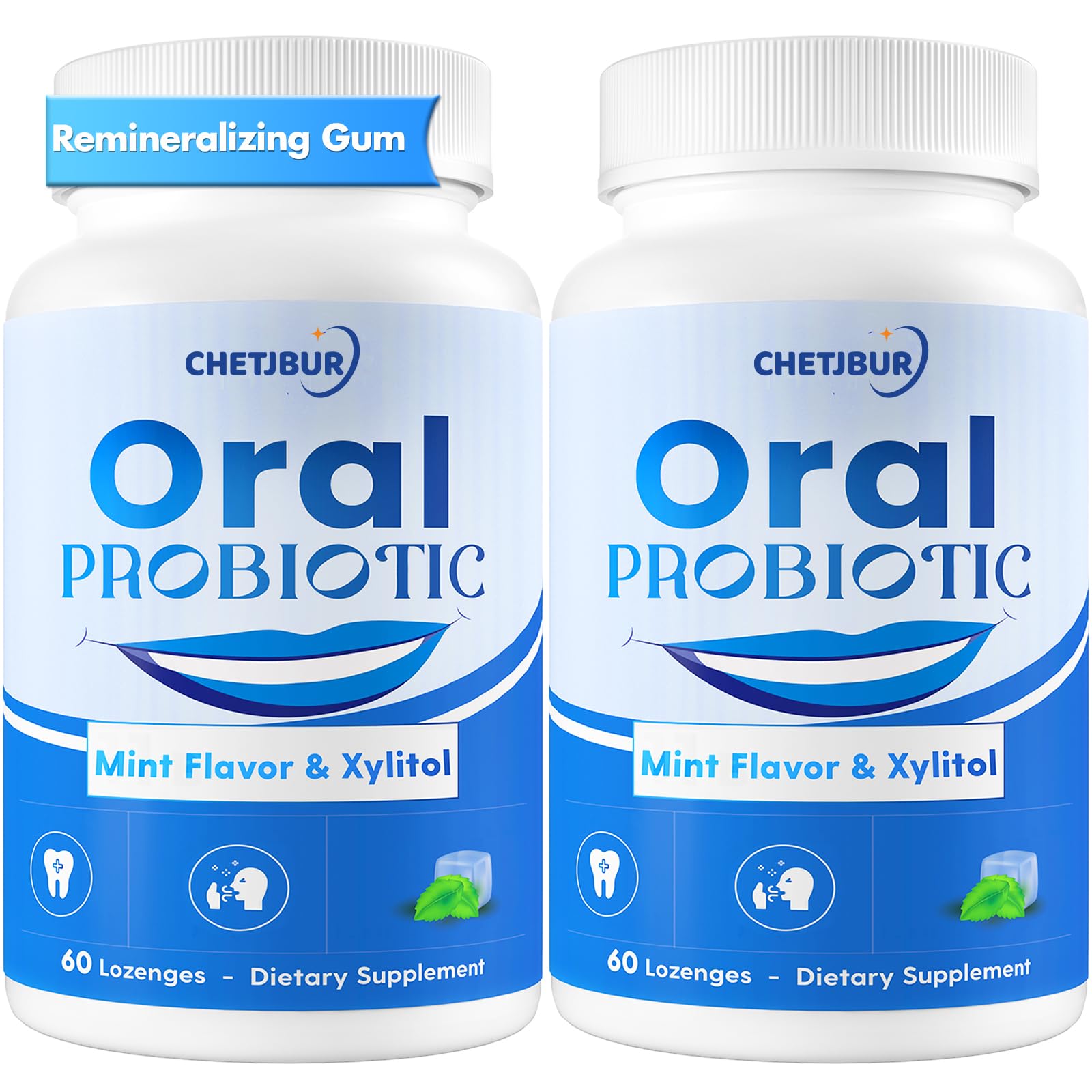 Chetjbur Oral Probiotics bottle front promotes gum health.