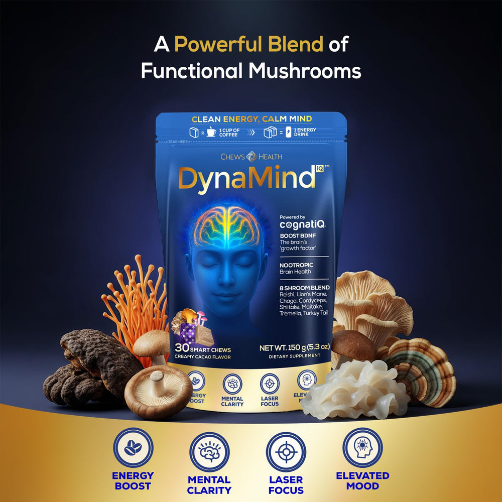 CHEWSHEALTH DynaMind iQ packaging highlights mushroom blend and caffeine