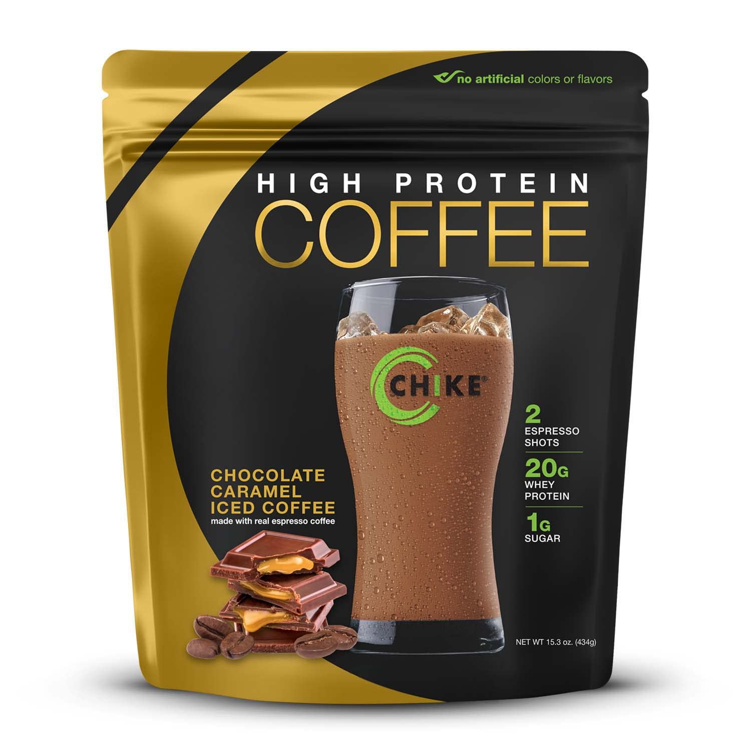 CHIKE chocolate caramel iced coffee bottle highlights rich flavor and protein boost.