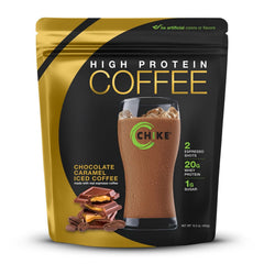 CHIKE chocolate caramel iced coffee bottle highlights rich flavor and protein boost.