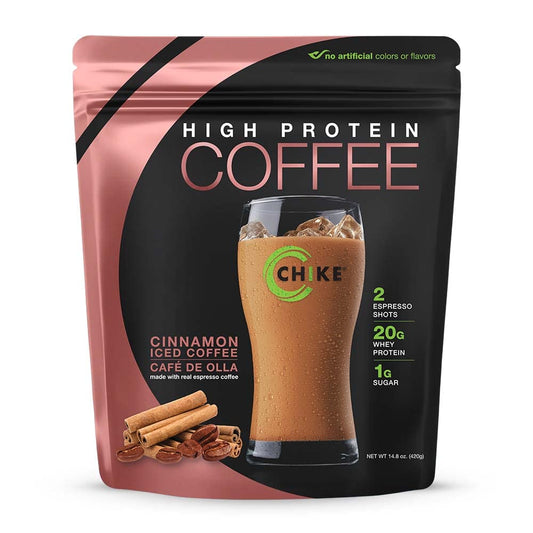 CHIKE Cinnamon High Protein Iced Coffee bottle highlights 20 g protein and espresso boost.