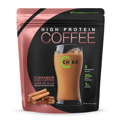 CHIKE Cinnamon High Protein Iced Coffee bottle highlights 20 g protein and espresso boost.
