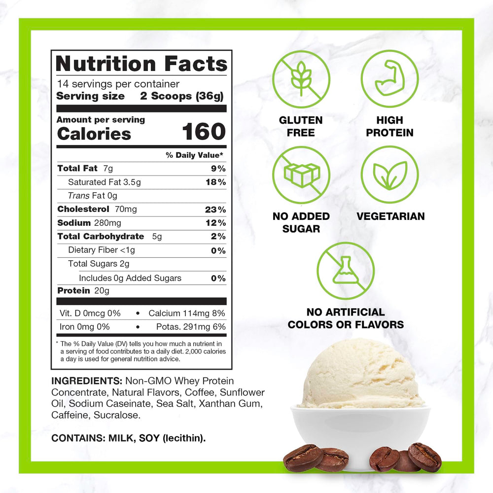 CHIKE Sweet Cream High Protein Iced Coffee bottle on counter highlighting 20 g protein.