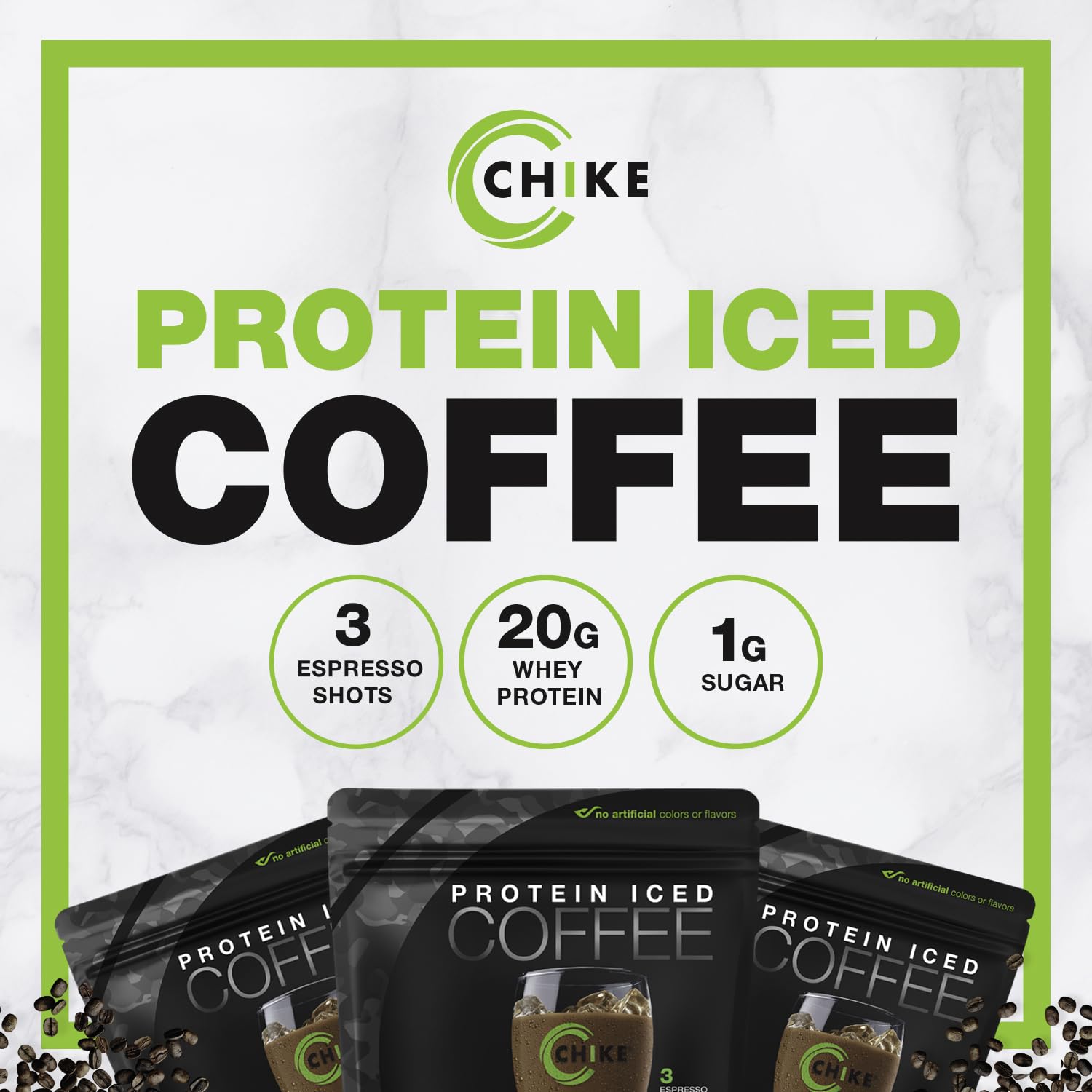 Close-up of CHIKE label emphasizes no artificial colors or flavors.
