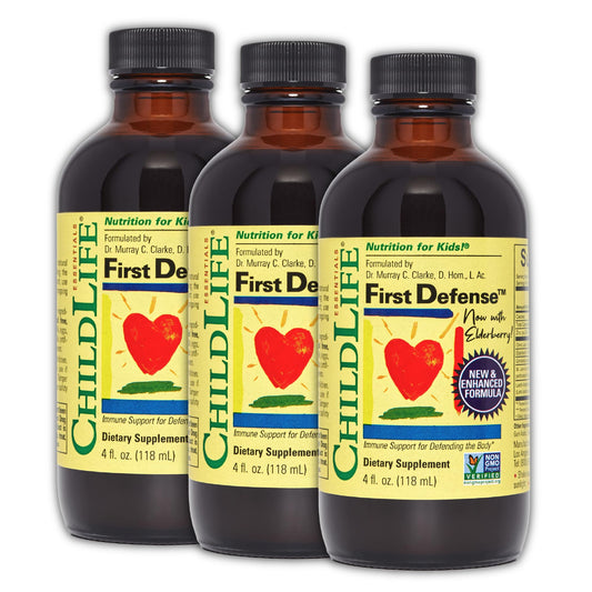 CHILDLIFE ESSENTIALS First Defense bottle front supports kids’ immune health.