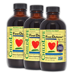 CHILDLIFE ESSENTIALS First Defense bottle front supports kids’ immune health.