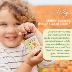 CHILDLIFE ESSENTIALS First Defense bottle highlighting elderberry for natural defense support