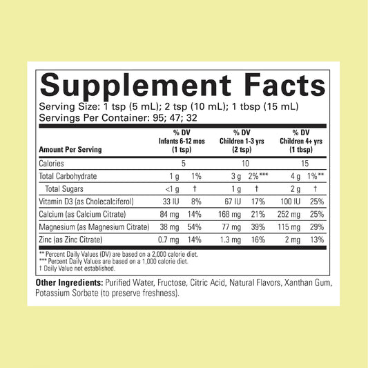 ChildLife Essentials Liquid Calcium bottle back with ingredients and dosage guidance