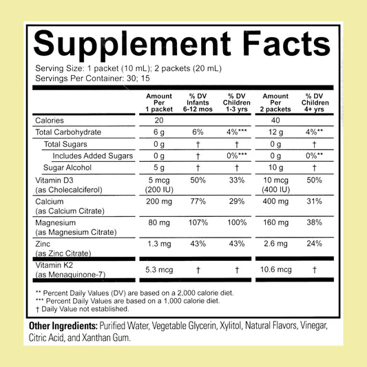 ChildLife Essentials liquid calcium dosage illustration showing age-based serving guidance.