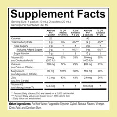 ChildLife Essentials liquid calcium dosage illustration showing age-based serving guidance.