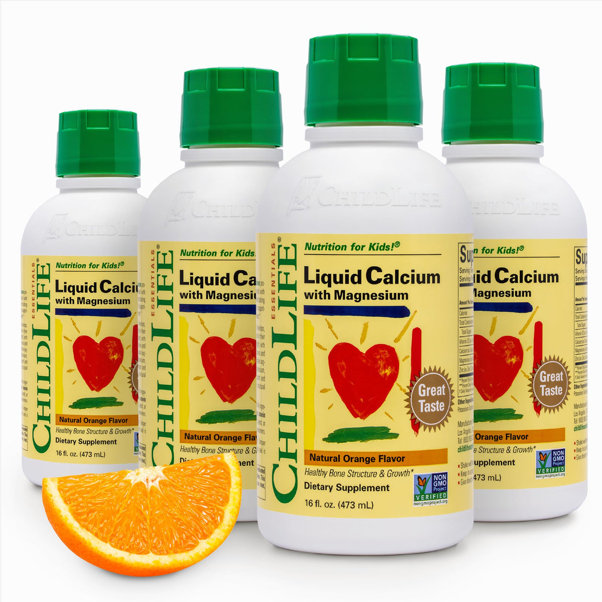 ChildLife Essentials orange bottle front view, kid-friendly calcium supplement for daily bone support.