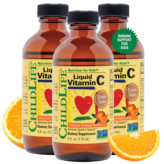 CHILDLIFE ESSENTIALS Liquid Vitamin C bottle poured for kids' daily immune support.