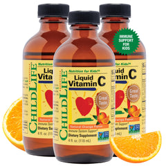 CHILDLIFE ESSENTIALS Liquid Vitamin C bottle poured for kids' daily immune support.