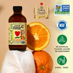 Non-GMO, gluten-free, allergen-free formula from ChildLife Essentials Liquid Vitamin C.
