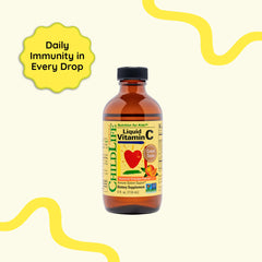 CHILDLIFE ESSENTIALS Vitamin C bottle being measured for a child’s dose.