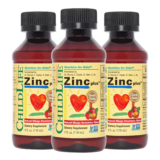 ChildLife Essentials bottle of Liquid Zinc Plus for kids' daily mineral support.