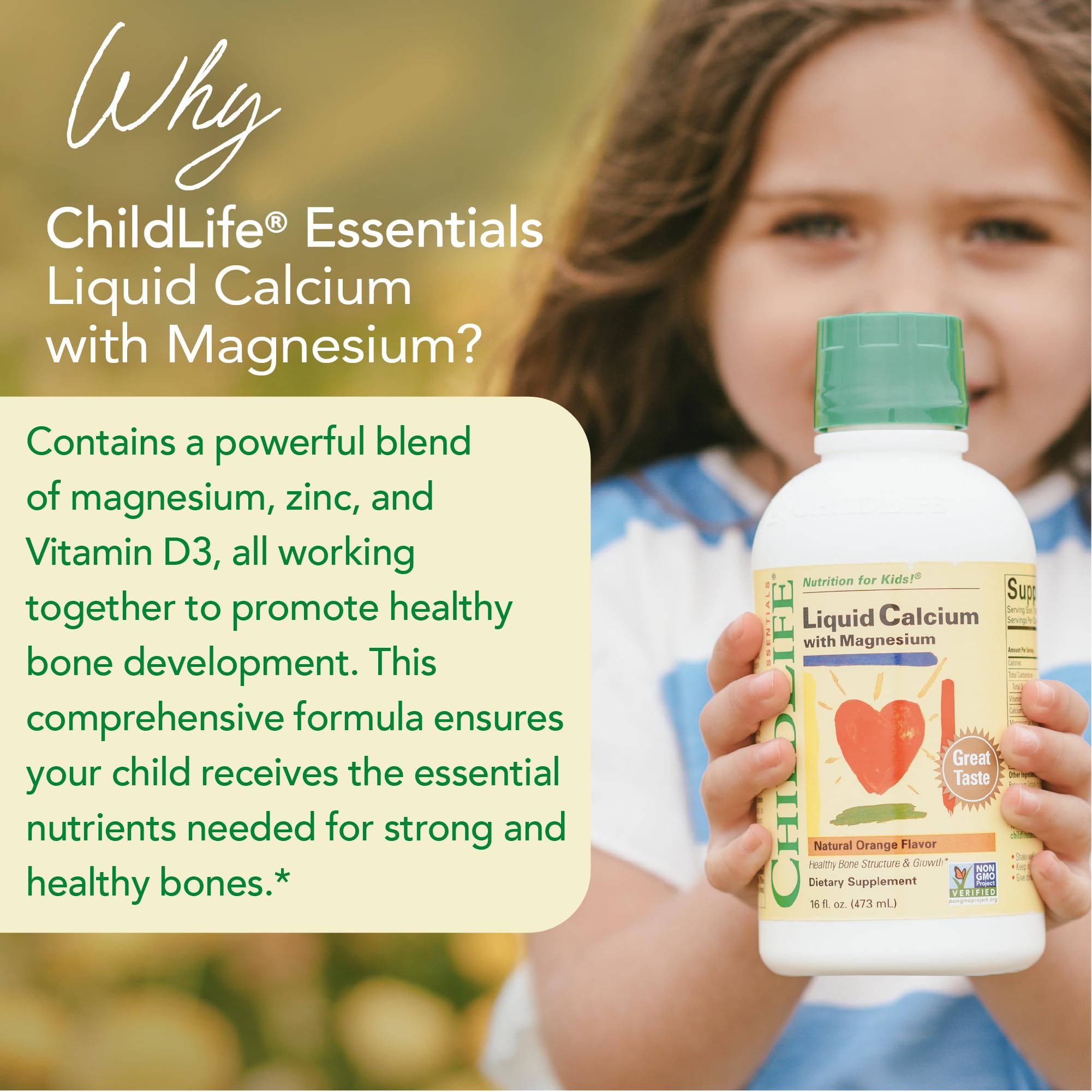 ChildLife Essentials liquid calcium bottle displaying gluten-free and non-GMO formula.