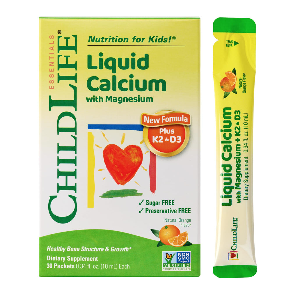 ChildLife Essentials orange-flavor stick-pack front view for easy daily calcium and bone support.