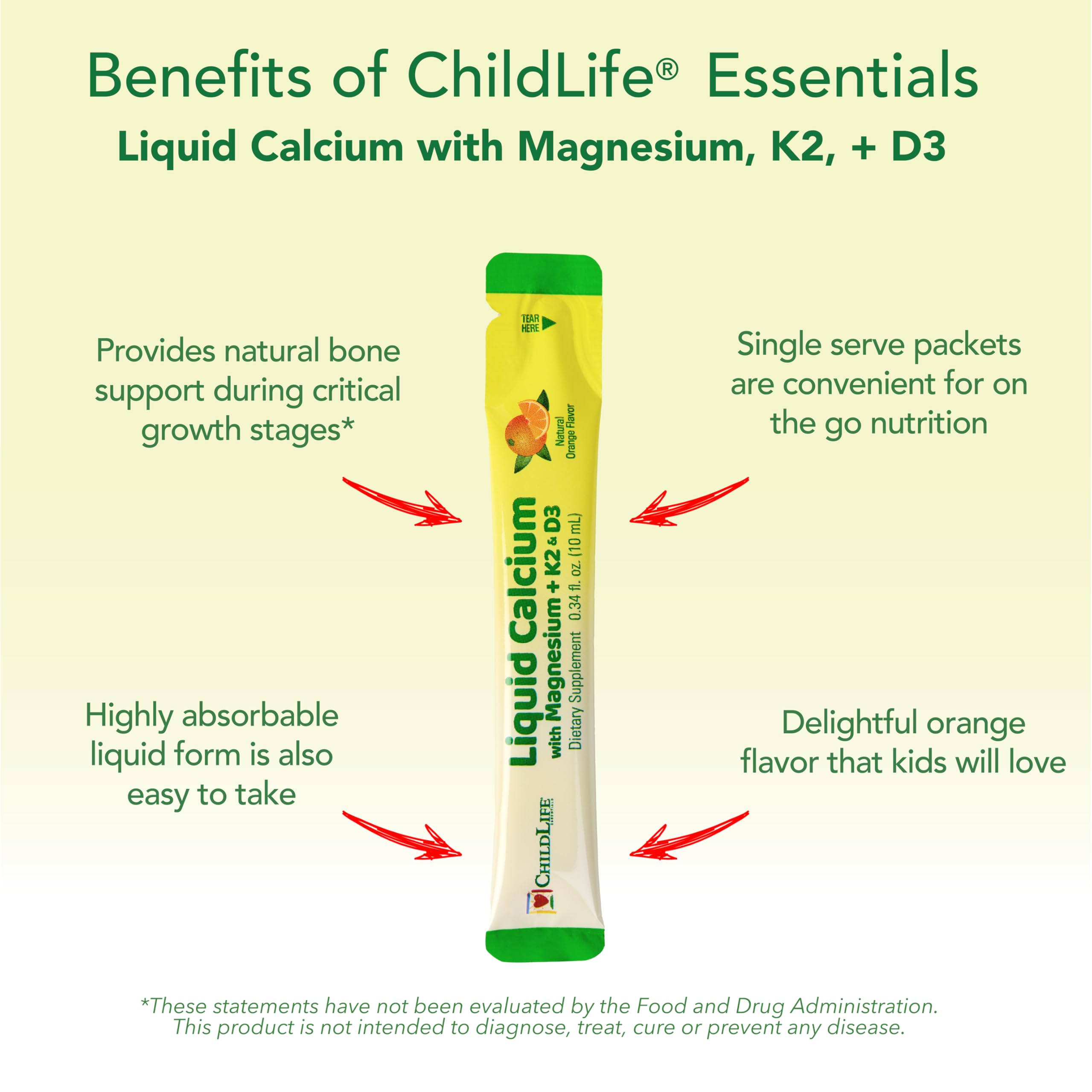 ChildLife Essentials vitamin D3 and K2 visual showing bone-support nutrients for development.