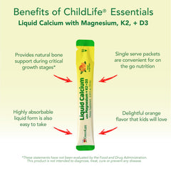 ChildLife Essentials vitamin D3 and K2 visual showing bone-support nutrients for development.