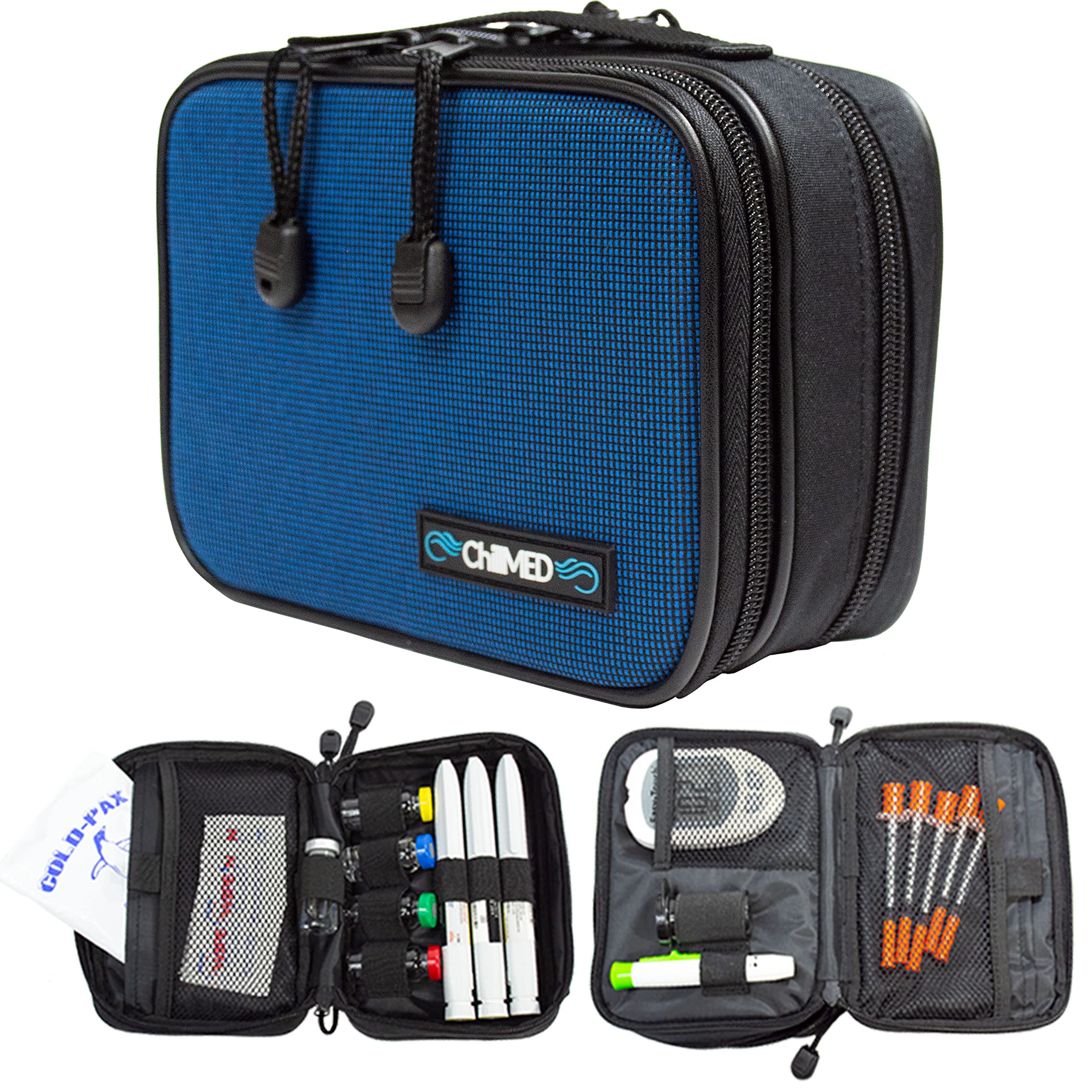 ChillMED Type 1 blue insulin cooler bag for on-the-go organization.