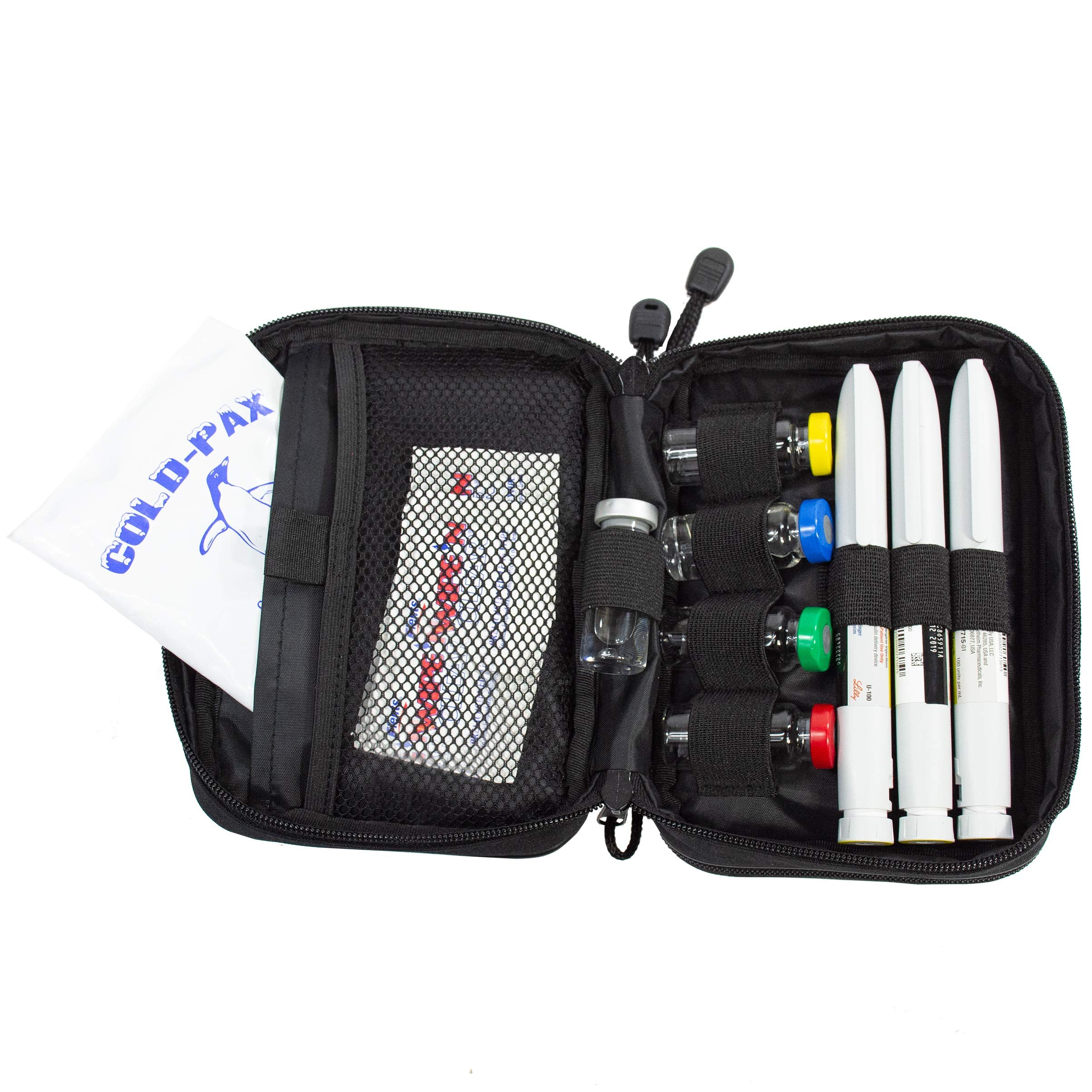 Removable zippered pocket within ChillMED Type 1 blue case.