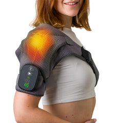 Chillora heated shoulder wrap front view showing portable warmth for on-the-go relief