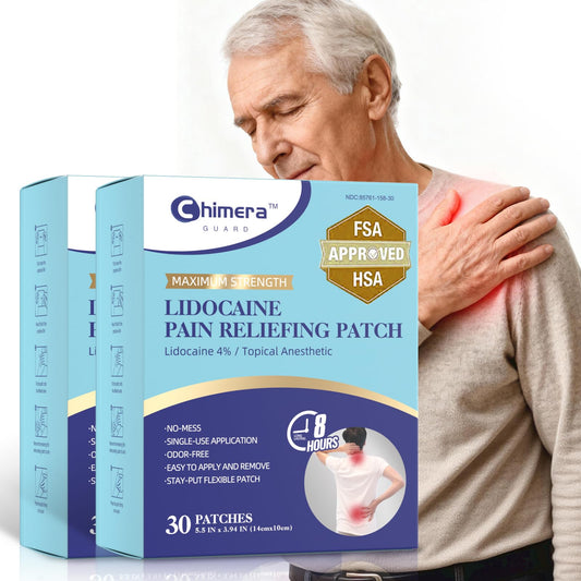 Chimera GUARD 4% Lidocaine patch pack shown for fast, targeted relief.