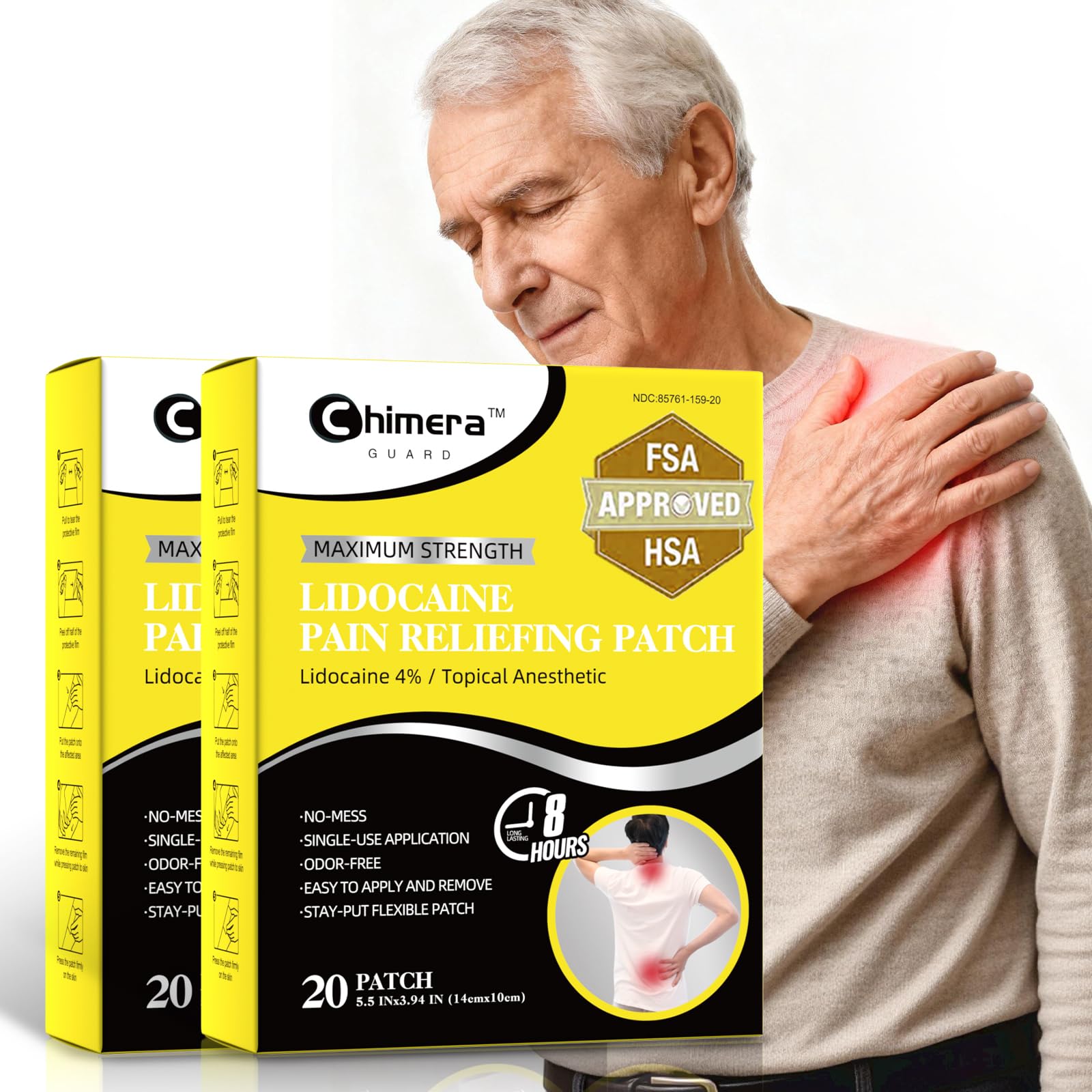 Chimera GUARD 4% Lidocaine patches in packaging, ready for quick, targeted relief.