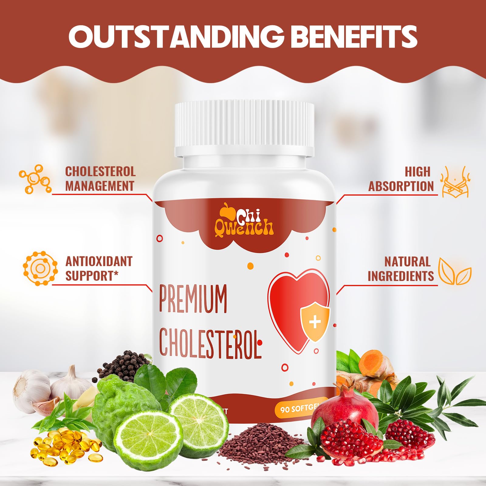 Citrus bergamot and omega-3 capsules in ChiQwench, highlighting a broad wellness blend