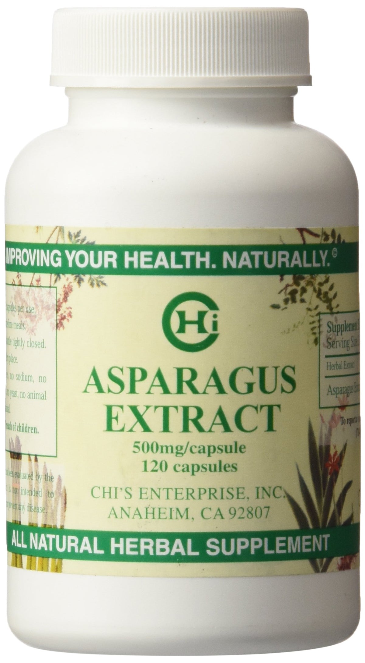 Chi's Enterprise asparagus extract bottle label for daily wellness support.
