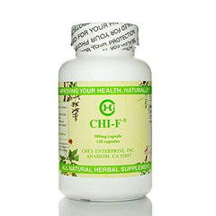 Chi-F bottle by Chi's Enterprise showing 120 capsules for daily Qi support